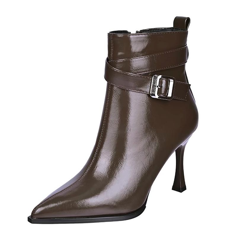 Кожаные женские ботильоны, модные туфли с острым носком и высоким каблуком, 2025, трендовые дизайнерские элегантные туфли-лодочки, зимние новые готические туфли Botas De Mujer
