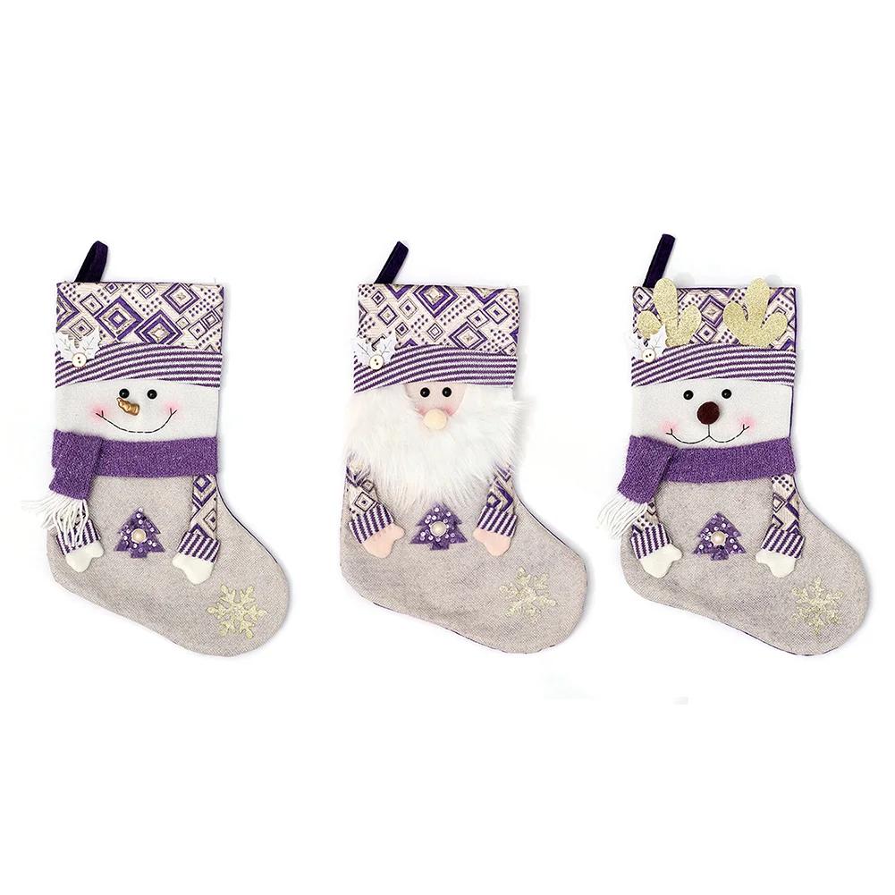 Holiday decorative purple socks Christmas stockings with Santa Claus design large 45cm for storage and home decoration