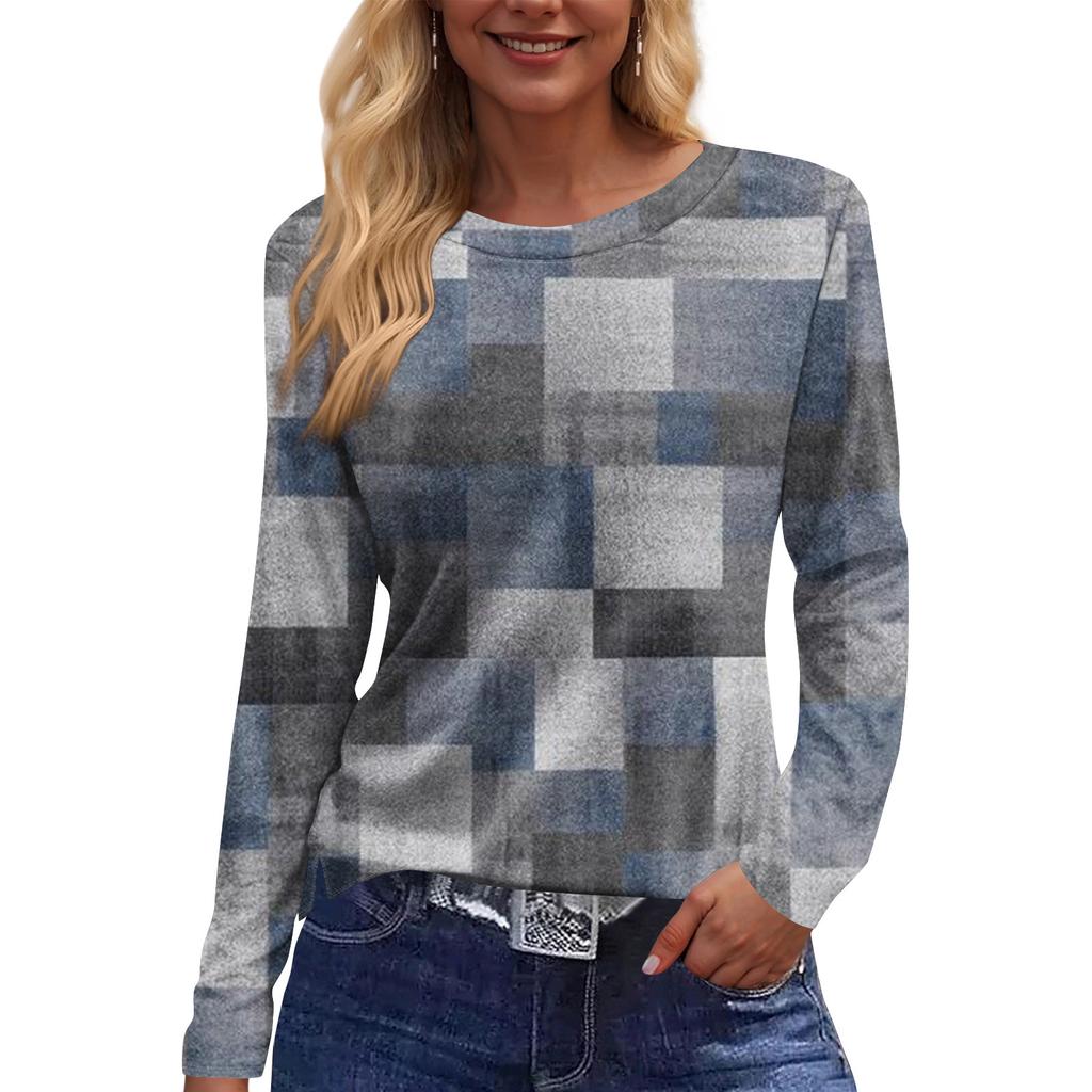 Women's Fashion Casual Slit Hem Round Neck Long Sleeve Loose Printed T-Shirt Ladies Top