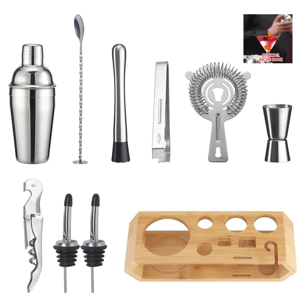 Stainless Steel Rhombus Bamboo Frame Shaker Set Bar Shaker Set 10-Piece Cocktail Shaker Set