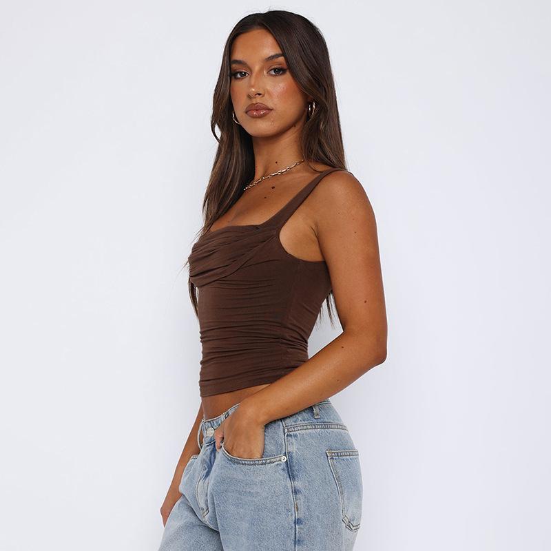 GMXIA Женская весенняя облегающая однотонная майка-топ с плиссировкой и халтером