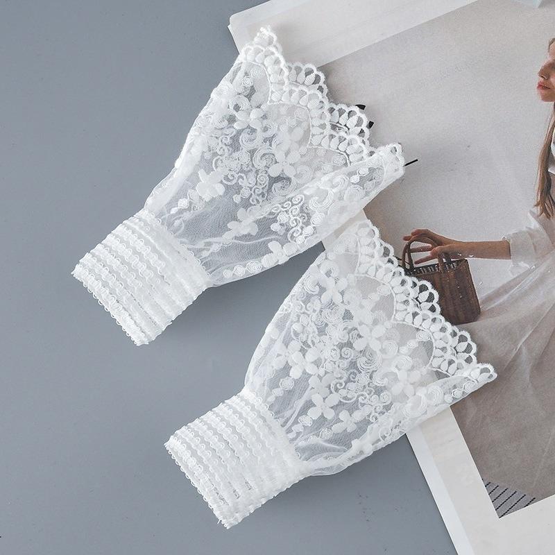 White Lace Floral Sweater Fake Sleeves for Womens Detachable Sleeved Horn Cuffs Embroidery Clothing Accessories