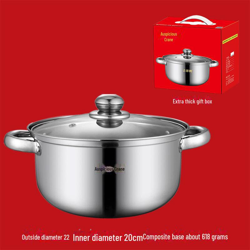 Stainless Steel Thickened Double-Ear Soup Pot (22/24/26cm) with Double Bottom and Gift Box