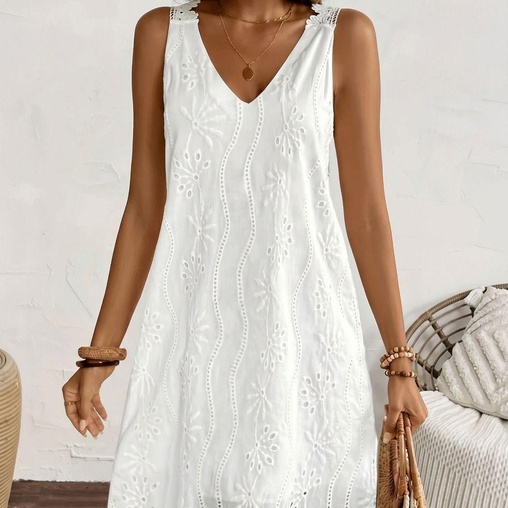 Embroidery V-Neck Lace Dress A-line Mid Dress Beach Wear Summer Casual Skirt Beach Vacation
