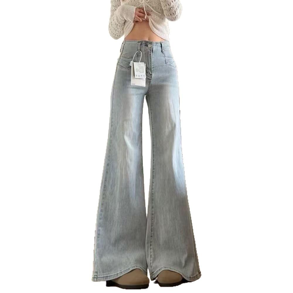 Light blue new washed high-waisted slightly pulled jeans, loose, comfortable and thin in summer, floor-mopping flared casual trousers