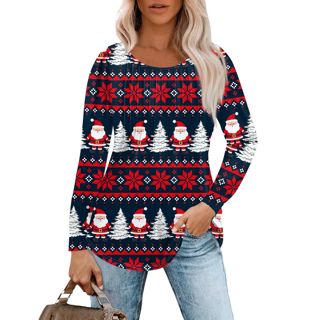 Женская повседневная футболка с круглым вырезом и длинными рукавами с рождественским принтом и складками