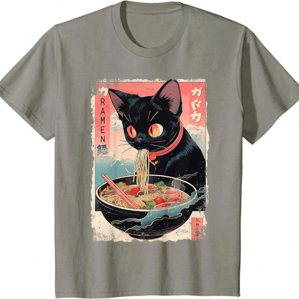 Watercolorful Cat Ramen Noodle 3d Print Mens T-shirt Japanese Anime Manga Ramen Kawaii Cat T-Shirt for Men Women Anime