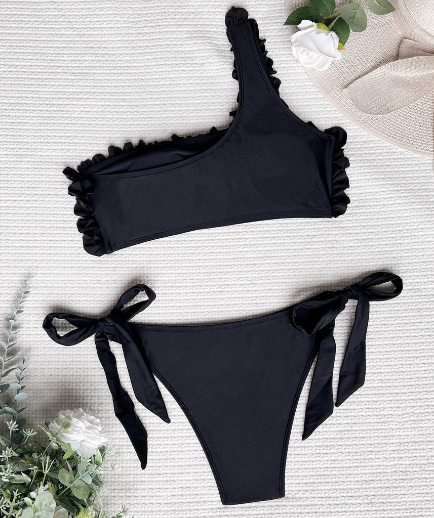Women's Swimsuit Solid Color One Shoulder Lace Sexy Bikini Side Tie Thong Brazilian Beachwear Bathing Suits