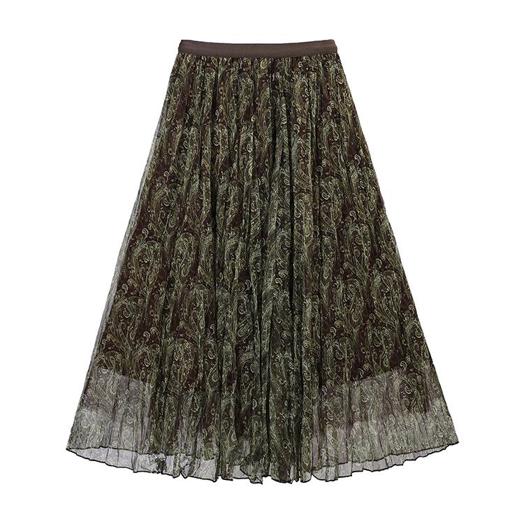 Fei Yuan Elegant High Waist Retro Paisley Mesh Midi Skirt for Women - Early Spring Collection