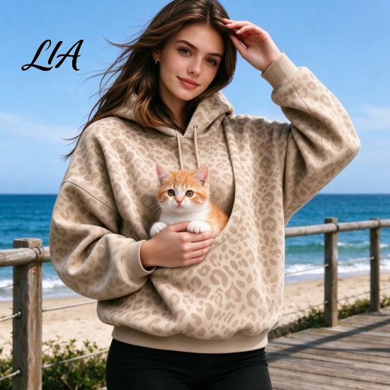 Casual Women Hoodie Leopard Print Pet Carrier for Women, Oversized Hooded Sweatshirt Dog & Cat Carrying, Long Sleeve Pullover Top with Kangaroo