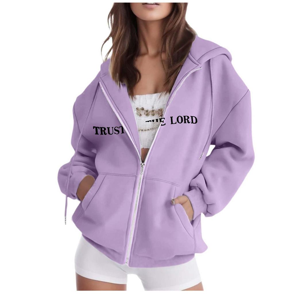 Women's Fashion Loose Casual Zip Printed Hooded Sweatshirt Jacket