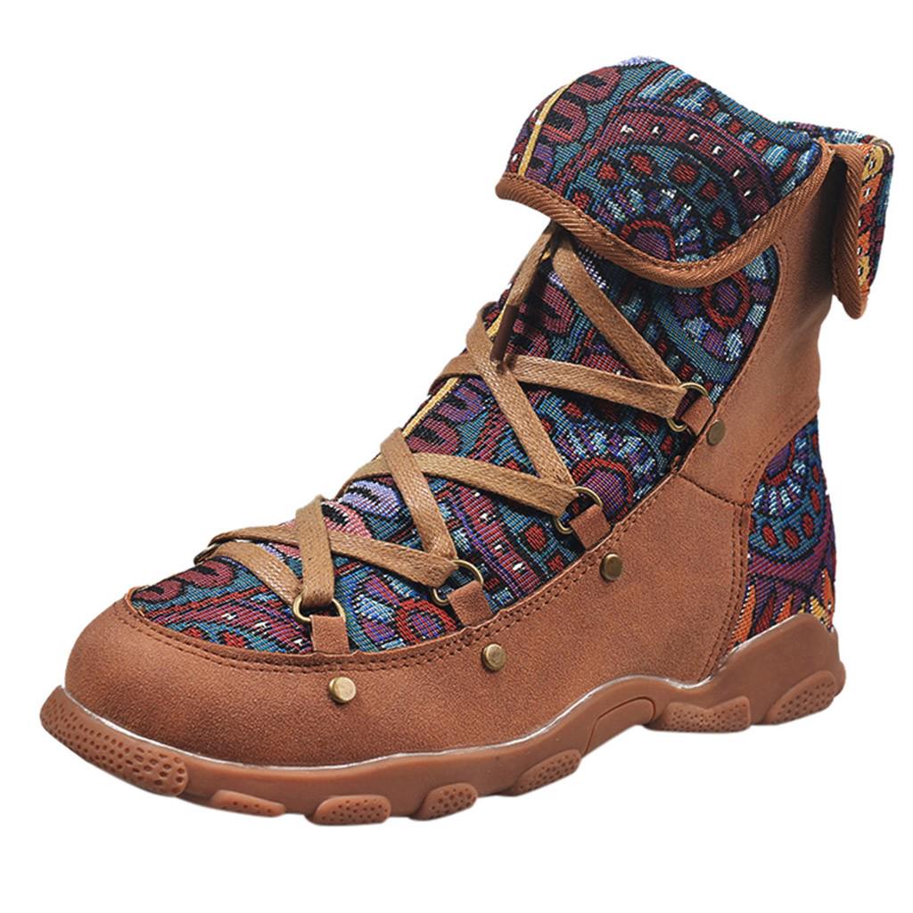 Retro Style Women Embroidery Flat Zipper Keep Warm Short Boot Round Toe Shoes