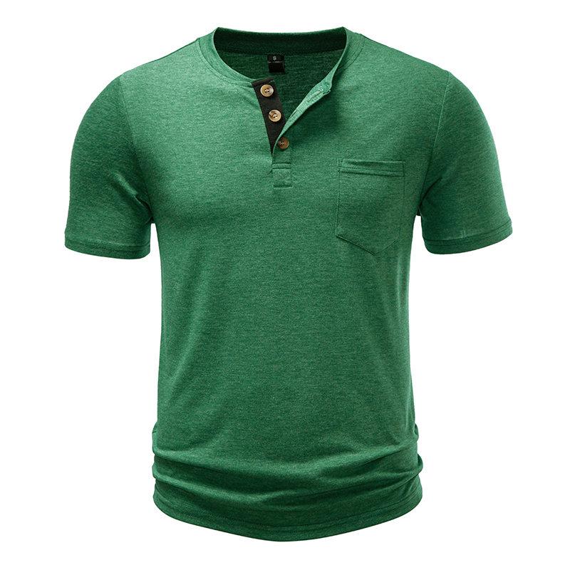 Men's Summer Solid Color Pocket T-Shirts Button Henry Collar Casual Daily Office Short Sleeve Top Tees Hip Hop Streetwear Tee
