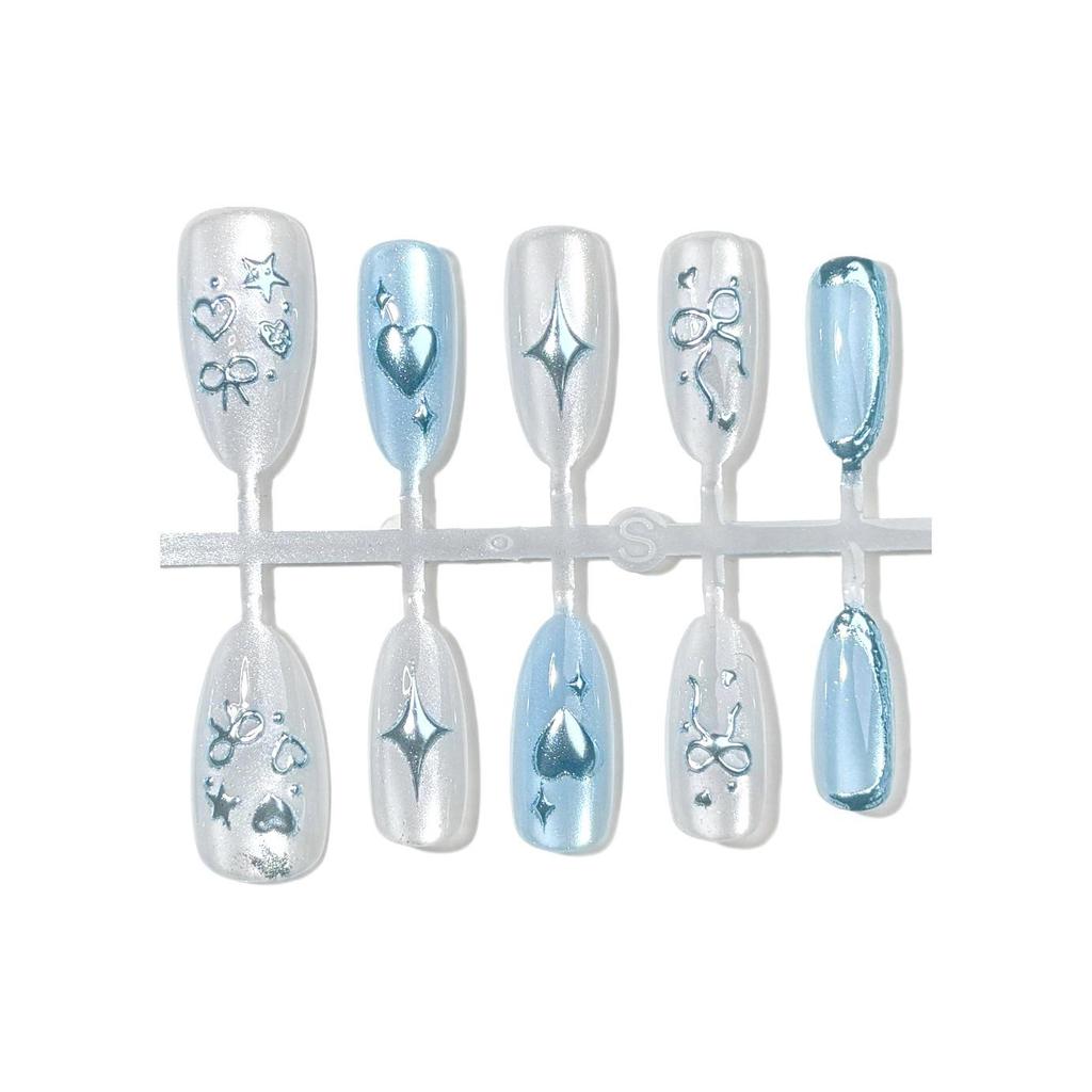 Cold-Tone Starry Blue Cat Eye Magic Mirror Press-On Nails