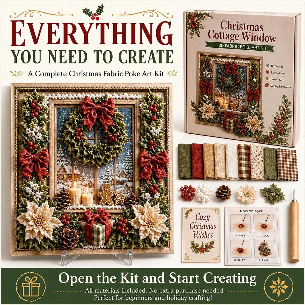 3D Christmas Handmade Fabric Poke Art Kit with Wreath Design: DIY Holiday Craft with Simple Illustrated Guide Vintage Seasonal Decoration for Adults