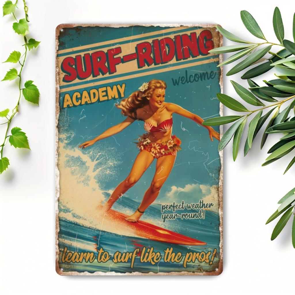 Vintage Surfing PinUp Girl Metal Tin Sign Retro Surfboard Riding Woman Poster in Red Swimwear SurfRiding Academy Decoration