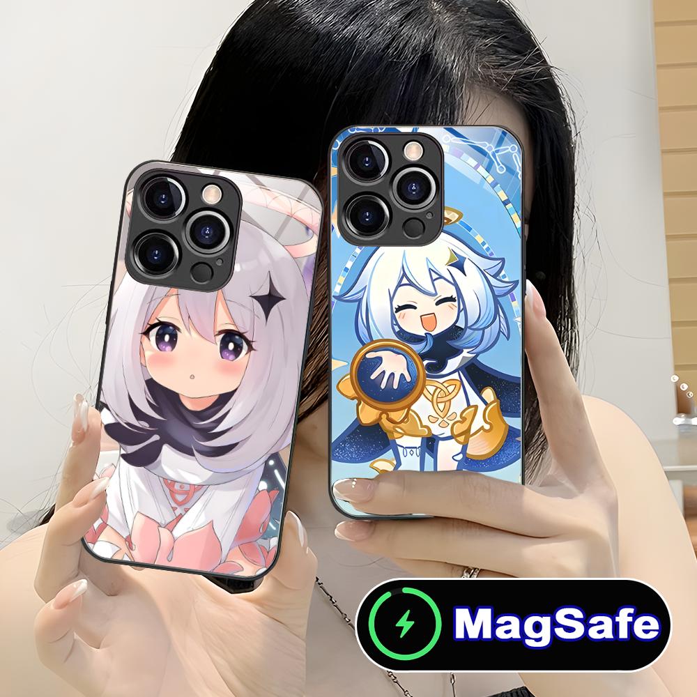 Game GI Paimon Glass MagSafe Mobile Phone Case for iPhone 17 16 15 14 13 12 11 Air Pro Max Plus Mini Colorful Cover