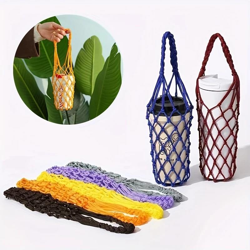 1pc Handmade Mesh Bag Reusable Beverage Holder Coffee Cup Holder Portable Drink Carrier Decorative Mesh Bag