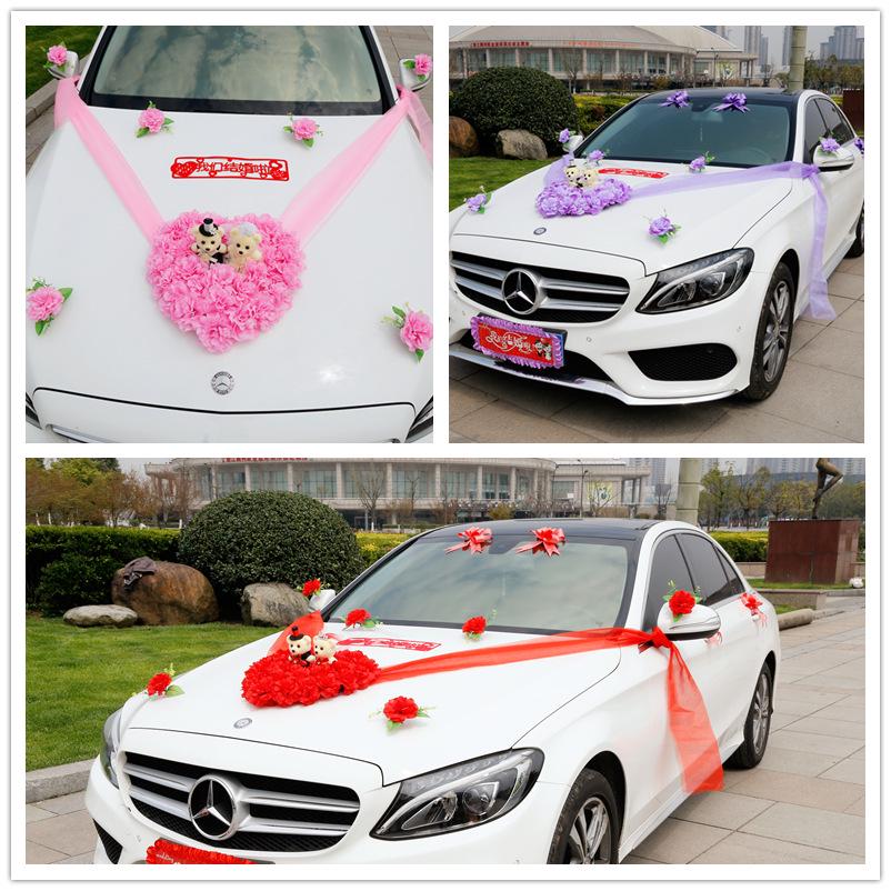 Heart-Shaped Bear Wedding Car Decoration Set - Simulated Flower Arrangement