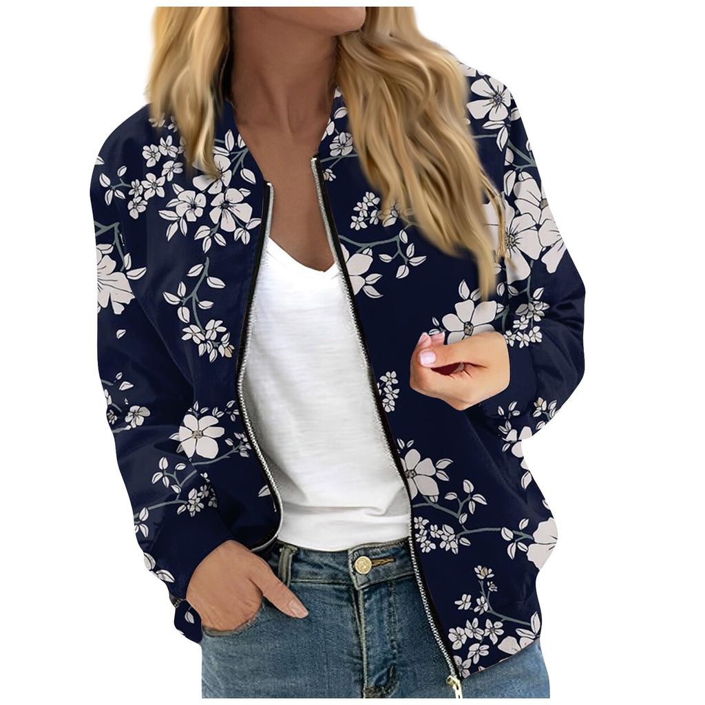 Женская модная повседневная куртка на молнии с длинным рукавом с цветочным/листовым принтом и круглым вырезом