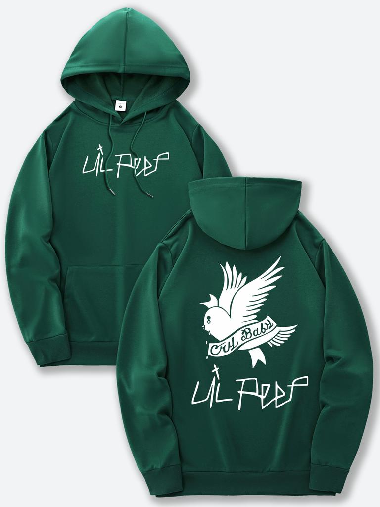 Men's black hooded sweatshirt with front and back prints and an adjustable drawstring hood, perfect for all seasons.