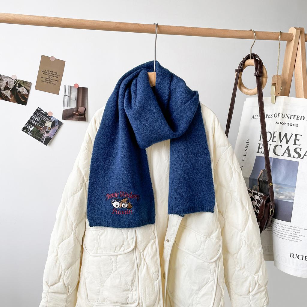 Cute Woolen Bear Scarf Embroidered Knitted Scarf For Women Winter Advanced Warm And Cold-Proof Versatile Student Woolen Scarf