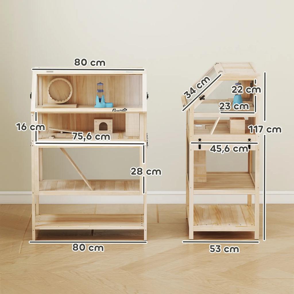 PawHut 3-Level Hamster Cage with Acrylic Panel and Exercise Wheel, 80 x 53 x 117 cm, Natural Wood Finish
