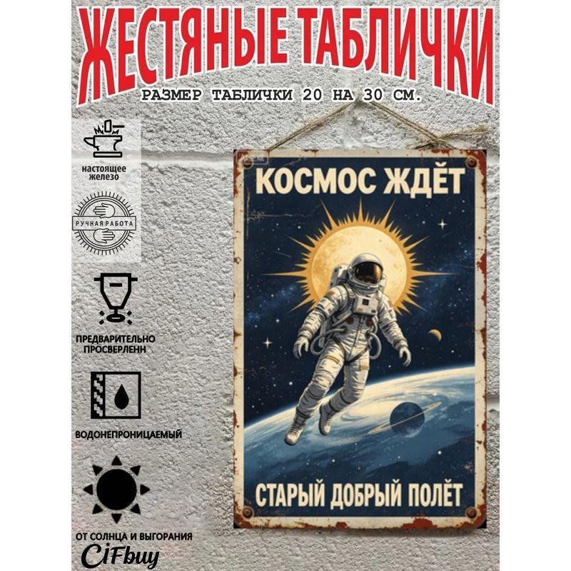 Винтажный металлический настенный плакат – Космическая станция в открытом космосе – 20x30 см Декор для офиса