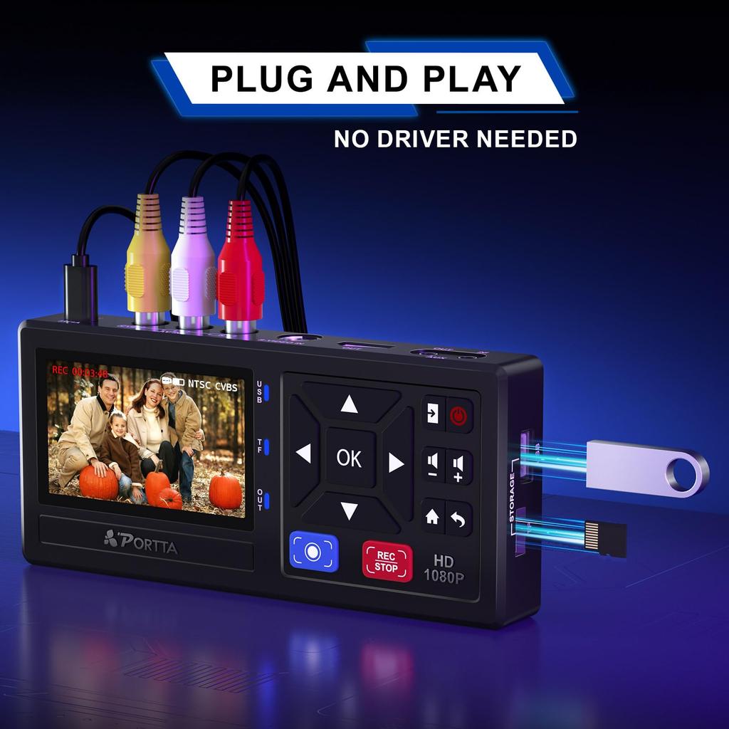 Portta Video Capture VHS Data Converter Видео Видео Цифровая машина Цифровое хранилище Видеокассета Кассета Дубляж Мини-издание Видеомагнитофон VHS Кассета AV