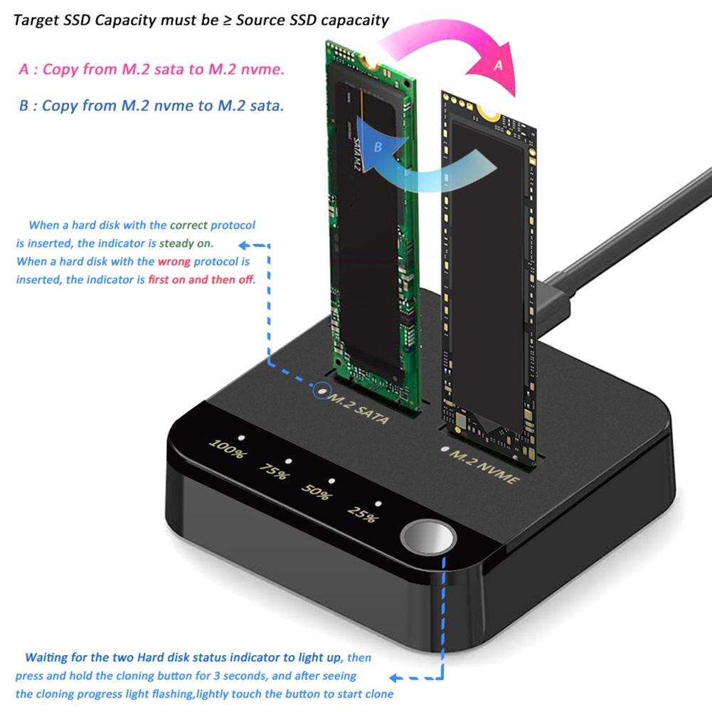 Копировщик жестких дисков M.2 SATA/NVMe с двумя отсеками и светодиодным индикатором, док-станция, дупликатор M.2 SSD для чтения и хранения данных