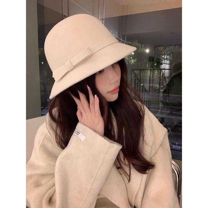 Hepburn small fragrant woolen bow bucket hat women's French retro autumn and winter top hat elegant white basin hat