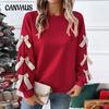 Autumn and Winter Women's Plus Size Tops Round Neck Bowknot Red Christmas Sweatshirt Long Sleeve Pullover