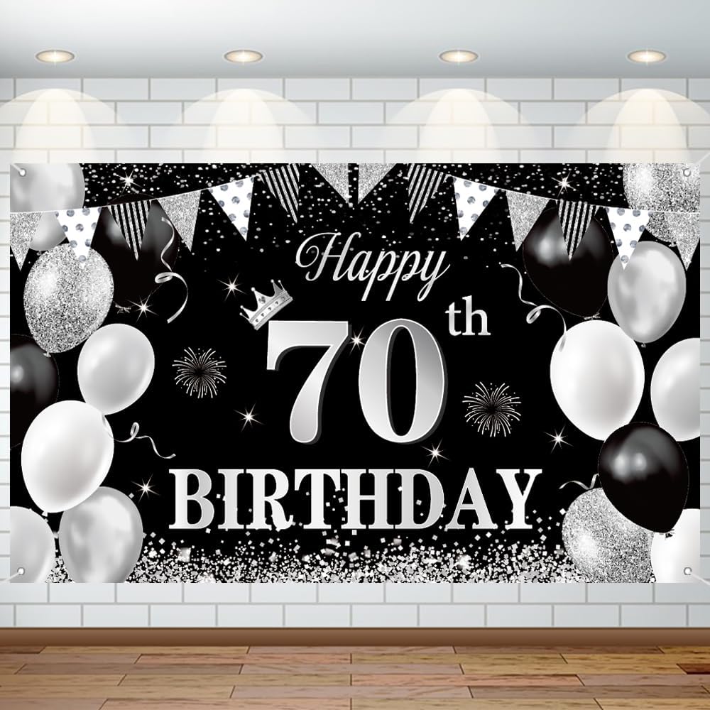70 Birthday decoration for men and women 70 Happy Birthday Banner Large Black silver Birthday Background Banner 70 Week Commemorative Birthday Party