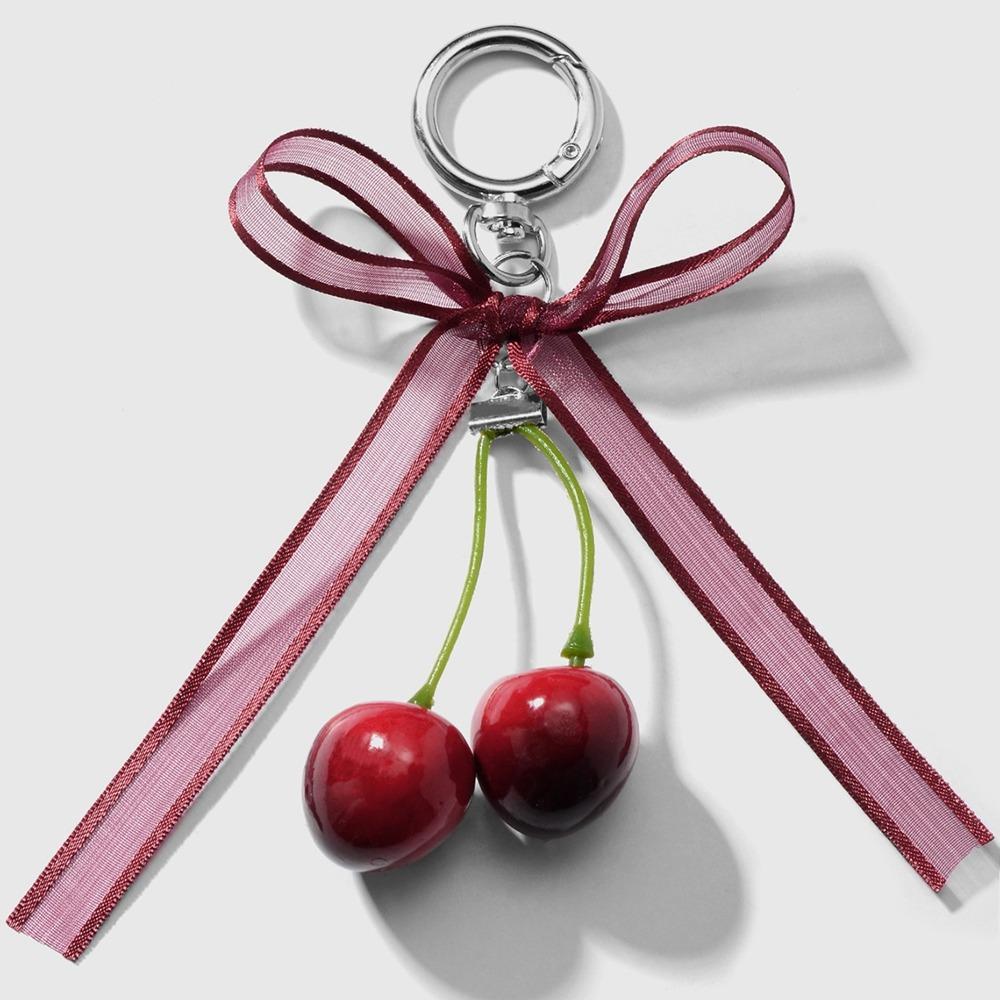 Leopard Pattern Cherry Pendant Mesh Pearl Bow Pendant Ribbon Bow Keychain  Bag Ornaments