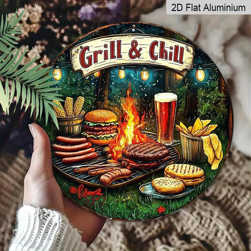 2D плоский, 1 шт. Винтажная металлическая алюминиевая настенная табличка «Grill & Chill BBQ» - Круглая арт-деталь для декора помещений/улицы, идеально подходит для загородного дома, кафе, бара, гаража