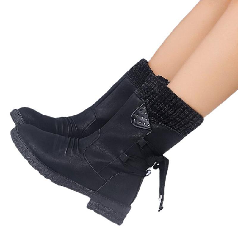 Autumn and Winter New Large Medium Tube Thick Heel Strap Pleated Vintage Women's Boots Shoes Botas Altas Women Shoes Bottes