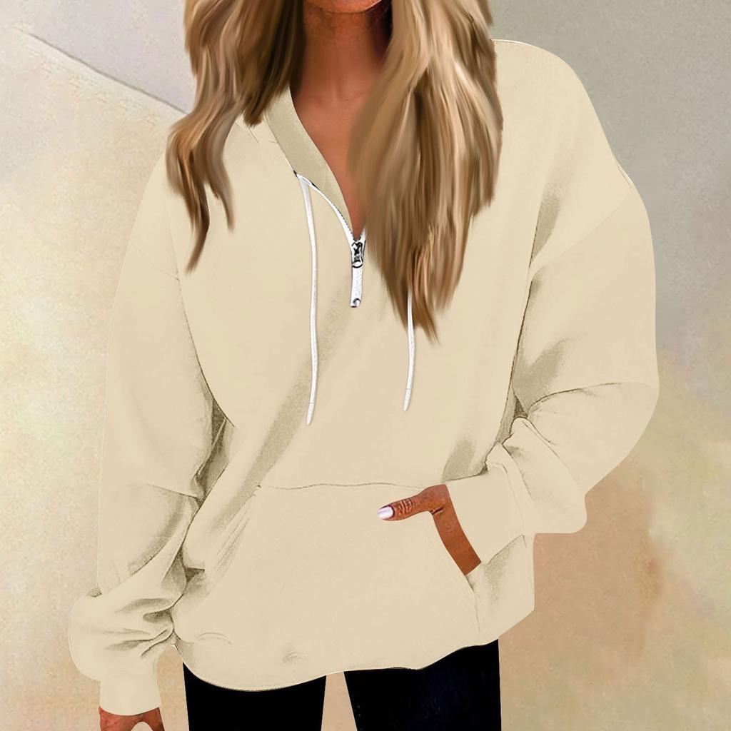 Women's Casual Fashion Long Sleeve Solid Color Zip Pullover Hoodies Sweatshirt Top