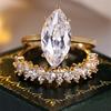 2 Pcs/set Golden Color Marquise Cut White Stone Ring Set Wedding Band Valentine's Day Jewelry