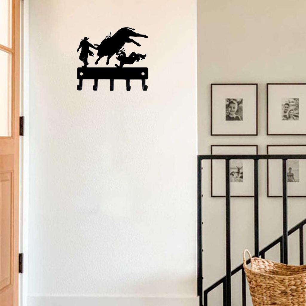 1pc Cowboy Bull Rider Rodeo Clowns Key Rack Hanger - 9 Inch Wide Metal Wall Art for Western Decor
