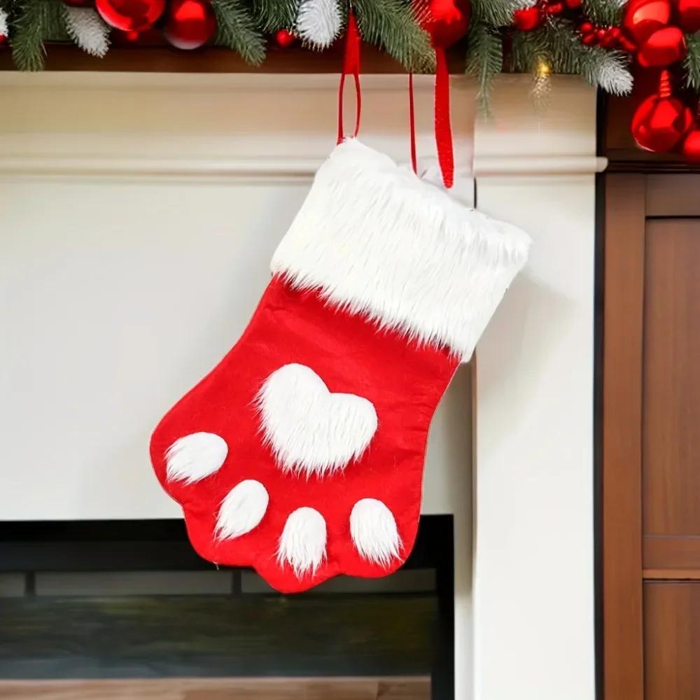 Christmas Stocking Socks Gift Candy Bag Dog Cat Paw Elk Pattern Xmas Tree Hanging Ornament Party Home Fireplace Decoration