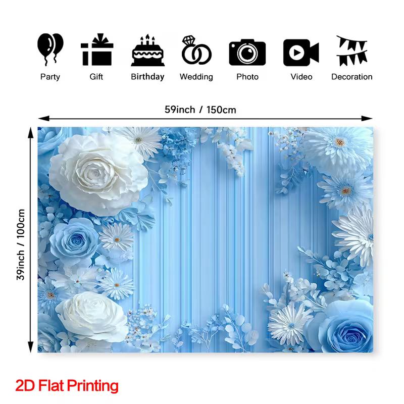 2D Blue and White Floral Backdrop for Wedding & Bridal Shower Photos