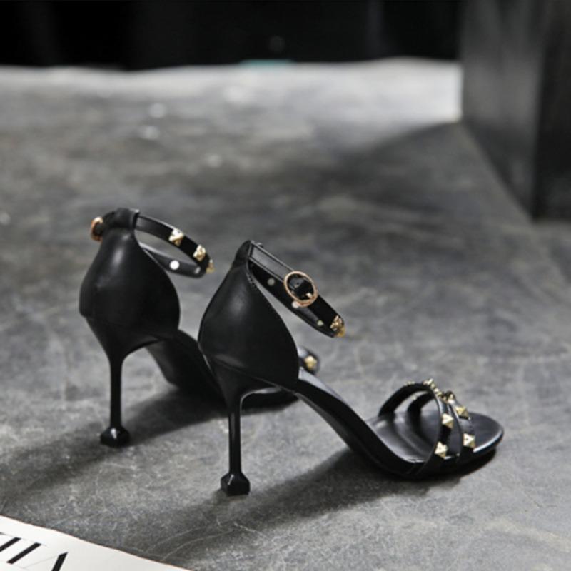 Fashion Rivet Open Toe Sandals Stiletto Buckle High Heels Sexy Temperament Women's Shoes
