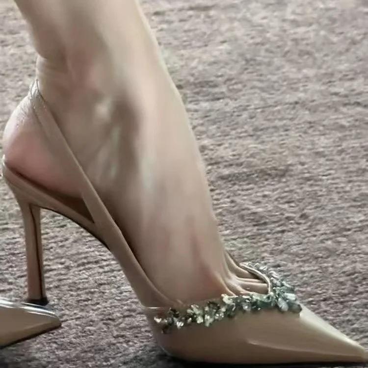 2024 Женская обувь Slingbacks Женские туфли на высоком каблуке Сексуальные туфли-лодочки для вечеринок Женские сандалии с острым носком и тонким каблуком с пряжкой на ремне