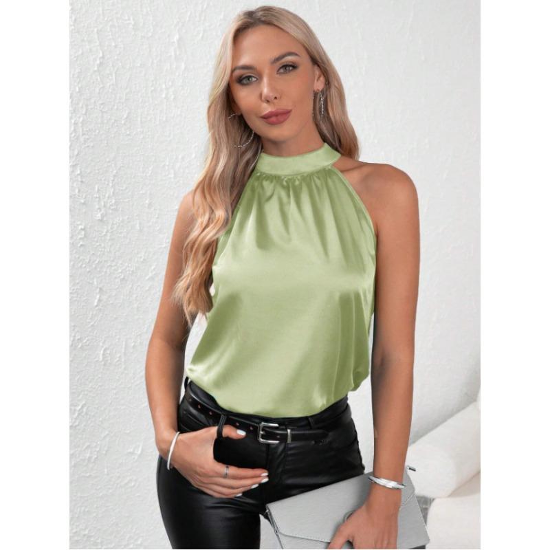 Summer Polyester Vest Women's Solid Color Off Shoulder Hanging Neck Sleeveless Top