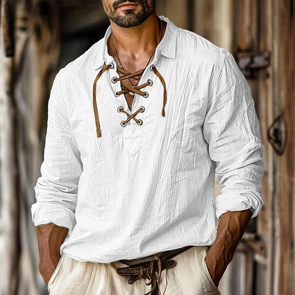 Мужская льняная рубашка большого размера с завязками для дома, повседневная модная рубашка с v-образным вырезом и длинными рукавами