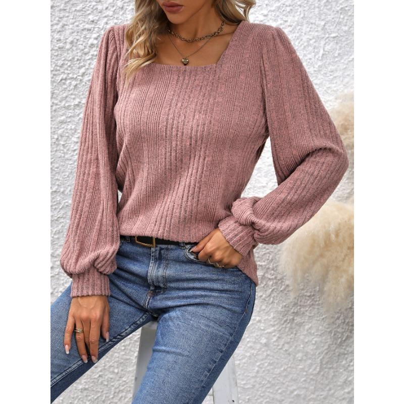 Spring and Autumn Women's Blouse Pit Stripe Brushed Square Neck Fashion Lantern Sleeve Long Sleeve Top