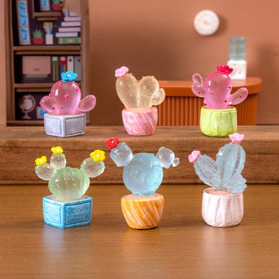 1/6Pcs Luminous Cactus Figurine Set Unique Resin Ornaments Glow-in-the-dark Desert Plant Sculpture Cactus Outdoor Garden Decoration