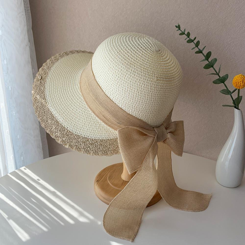 Portable Straw Weaving Beach Hat Hollow Out Bucket Hat Equestrian Hat Big Brimmed Woven Cap Spring
