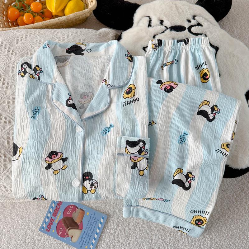 "Pingu Penguin" cartoon wrinkled cloth pajamas women's spring and autumn long-sleeved casual loungewear suit real shot