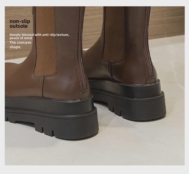 Женские сапоги до колена из натуральной кожи: Модные узкие туфли на толстой подошве осень/зима 2023 года.